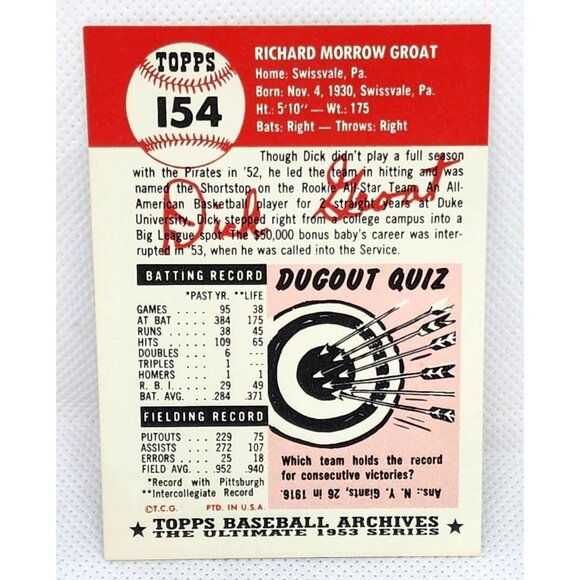 Dick Groat Pittsburgh Pirates Reprint Archives1953 Topps Baseball Card - Vintage - Picture 2 of 5